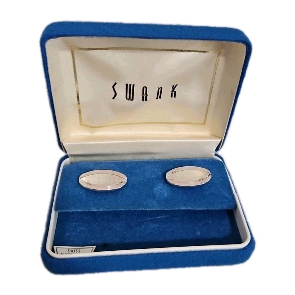 VTG MCM Swank Silver Tone Oval Brushed Textured Simple Plain Mens Cufflinks